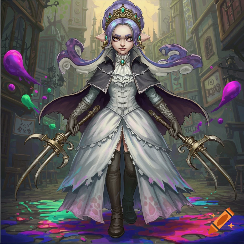 A fantasy octoling character resembling Lady Maria holding weapons on a city street splattered with colorful ink.