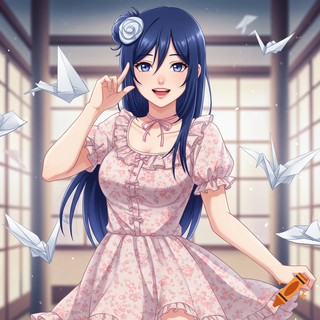 Anime girl with blue hair and eyes in a pink floral dress with origami cranes