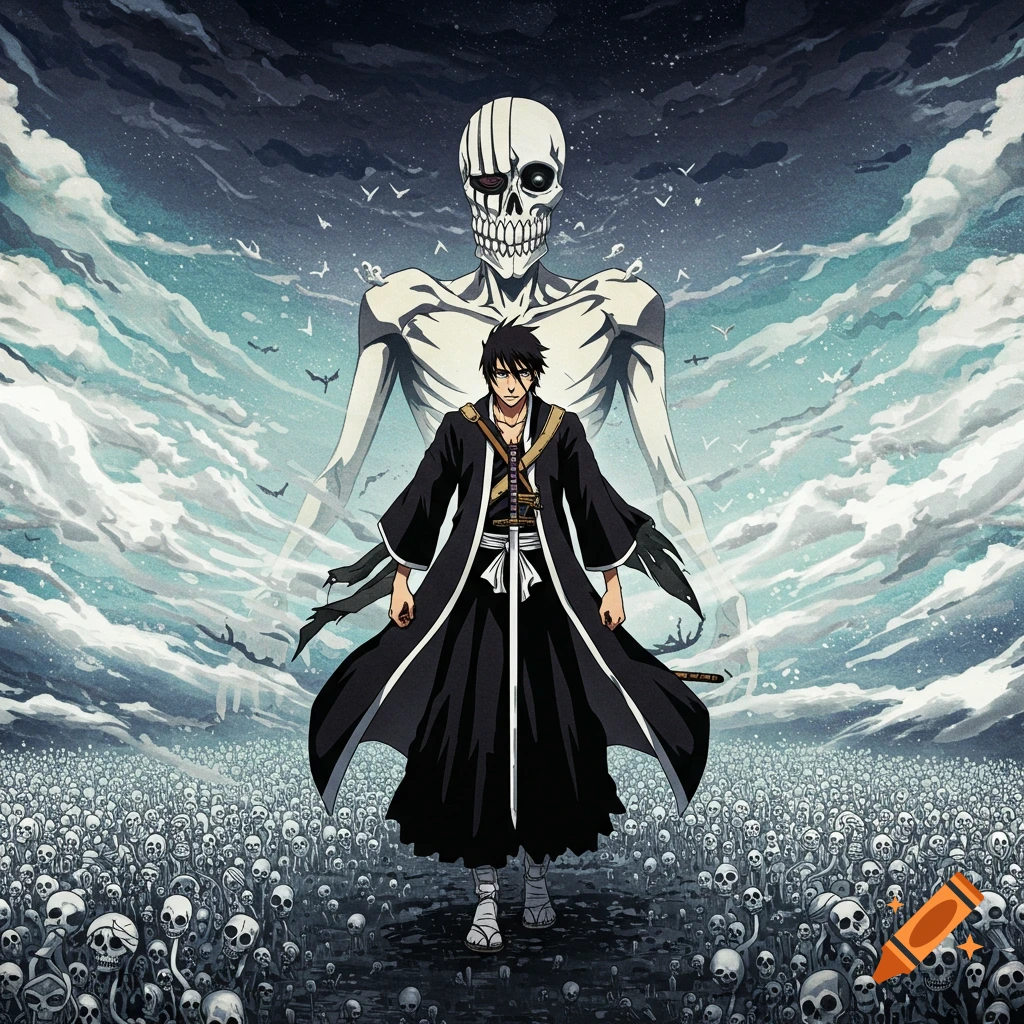 Anime character and giant skeleton in stormy sky with skulls below