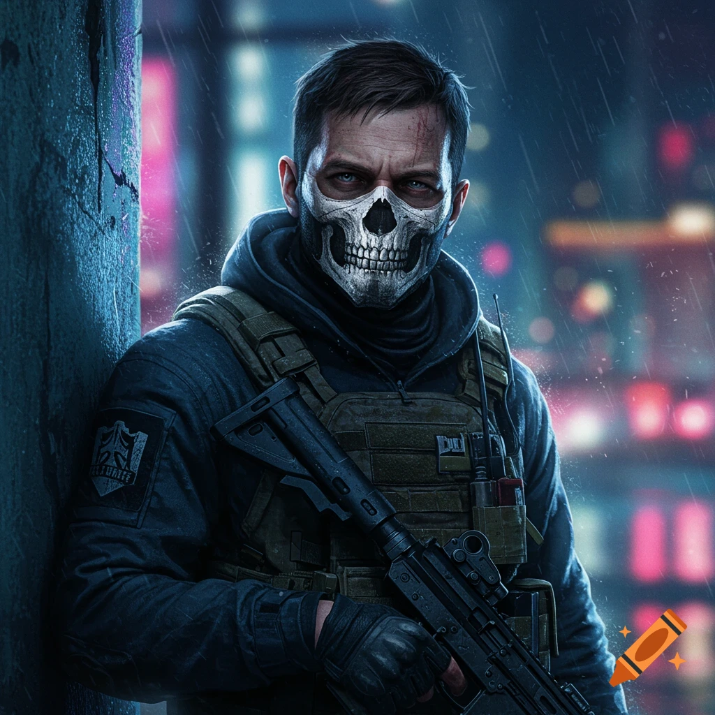 A man in tactical gear and skull mask, holding a rifle in the rain.