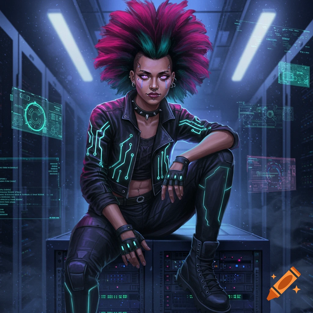 A cyberpunk person with wild hair and glowing eyes sits on server racks in a data center.