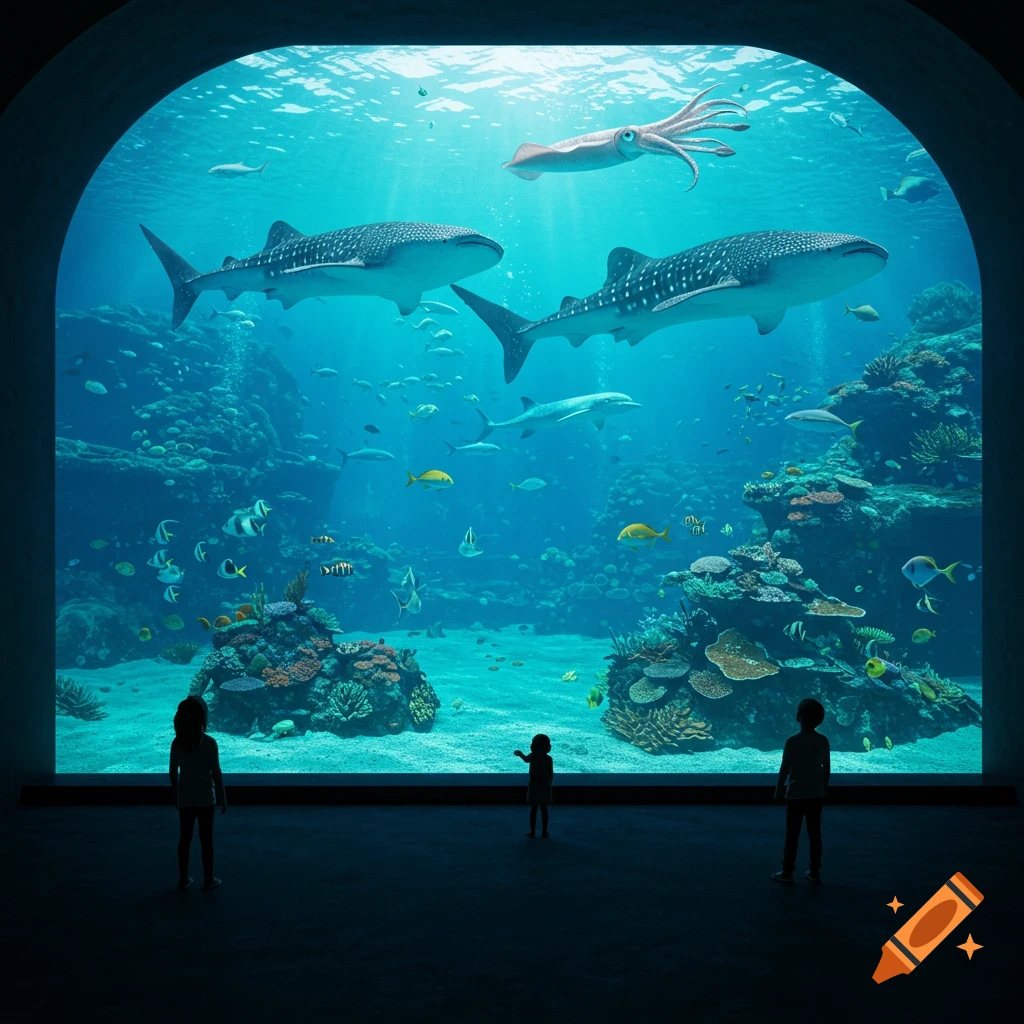 Silhouetted children view a massive aquarium with whale sharks, a squid, and fish swimming among coral reefs.