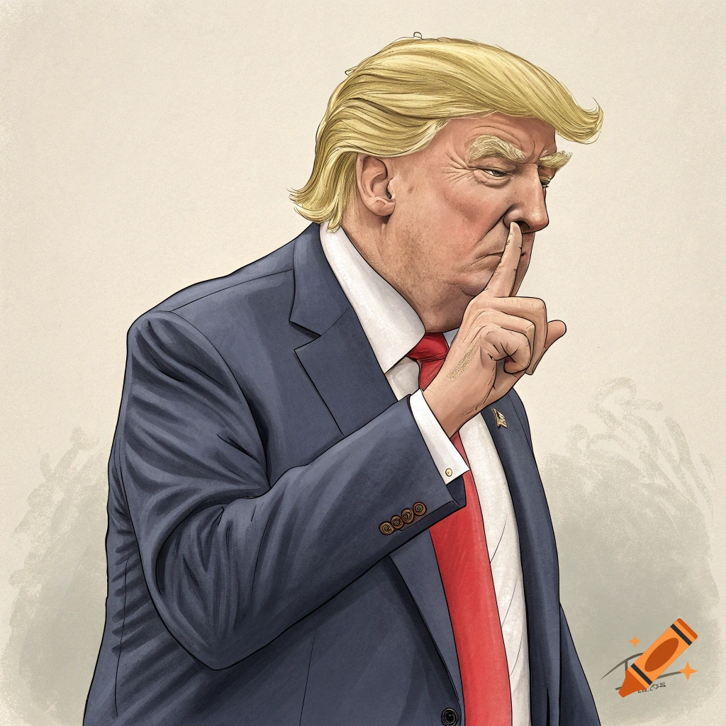 Illustration of Donald Trump with a finger to his lips in a shushing gesture.