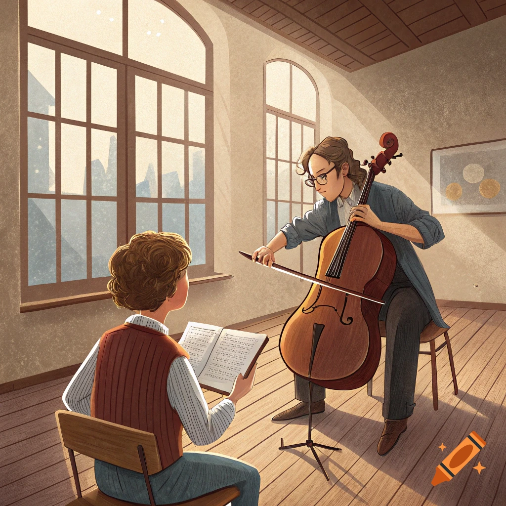 Two people, likely teacher and student, in an indoor setting with a cello and sheet music, practicing.