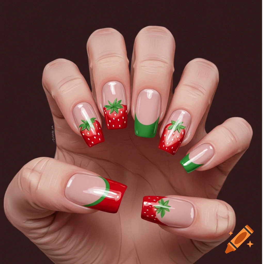 A hand with a strawberry and green french tip nail art.