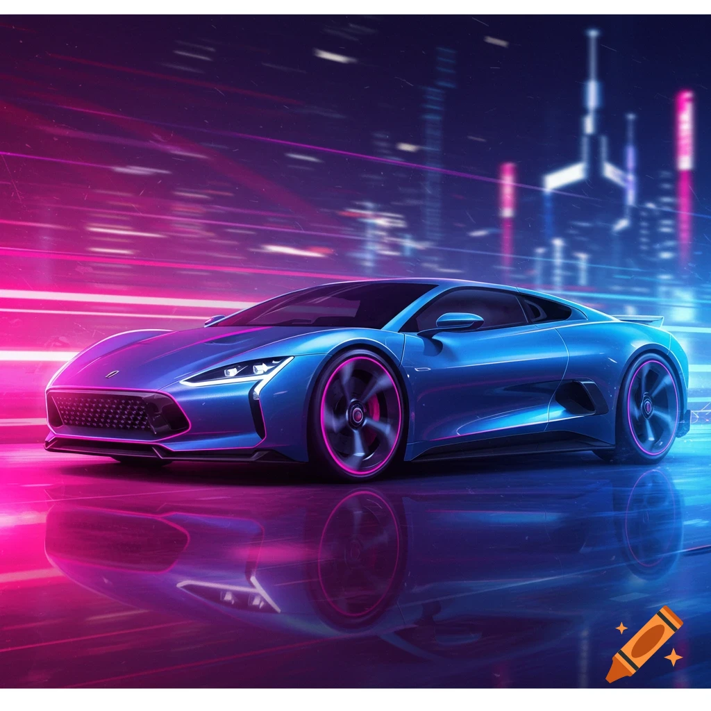 A blue sports car with neon pink wheels is reflected on a wet surface in a futuristic city.