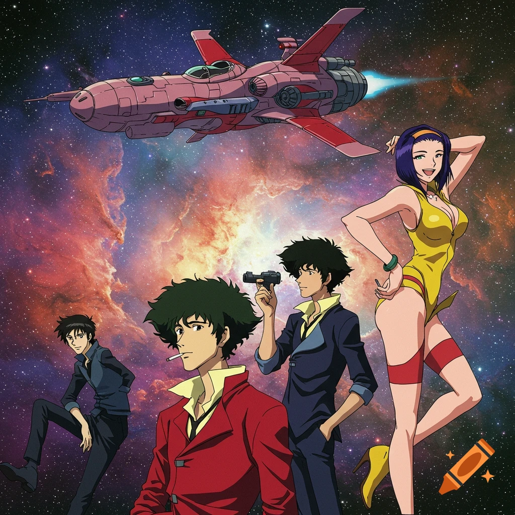 Anime illustration of characters Spike, Jet, and Faye with the spaceship Bebop flying in space against a colorful nebula background.