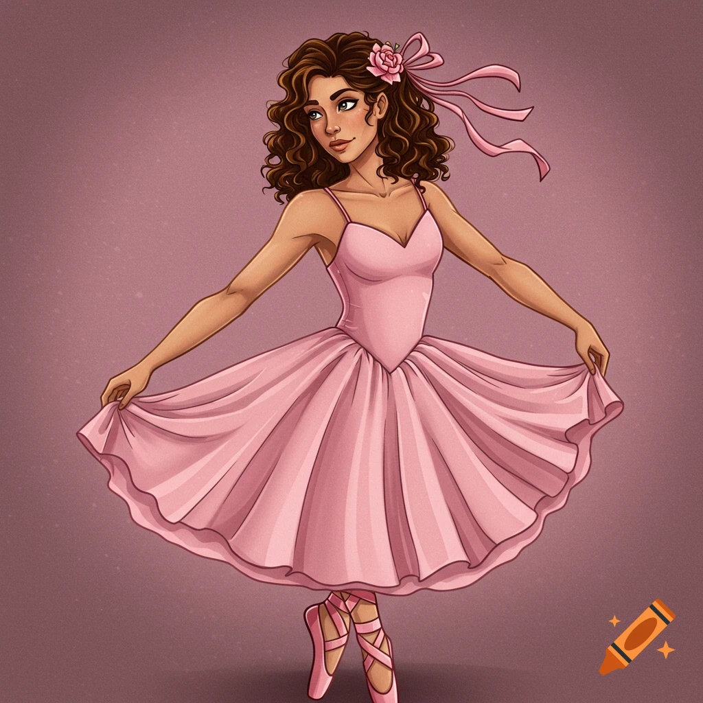 A woman with curly hair wears a pink ballet dress and pointe shoes.