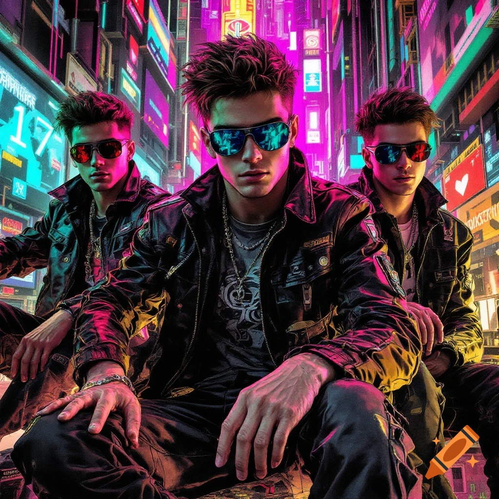 Three men in leather jackets and sunglasses in a neon-lit cyberpunk city