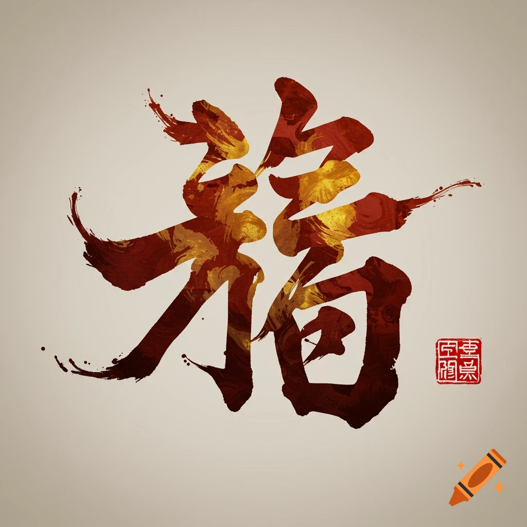 Chinese character in red and gold brush strokes with a red seal