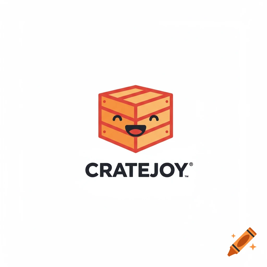 Logo of an orange box with a smiling face above the text CRATEJOY.