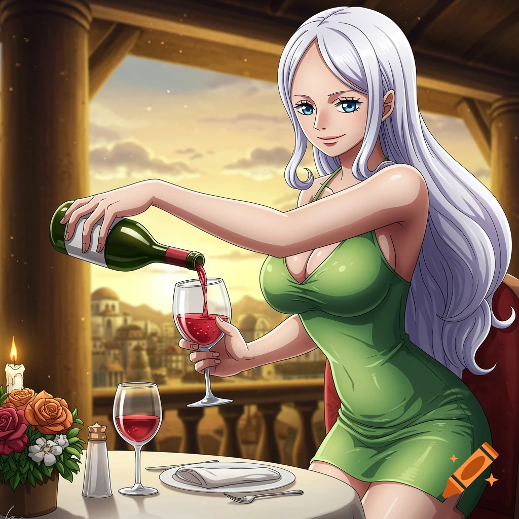 One Piece style anime character pouring wine at a restaurant table