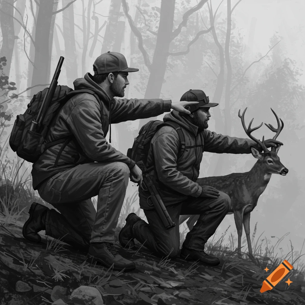 Two hunters kneeling in a black and white forest, observing a deer.
