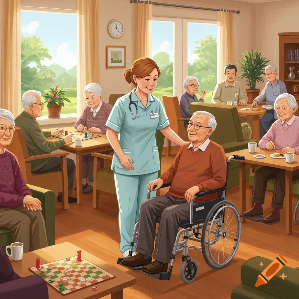 A nurse interacting with elderly residents in a care home setting.