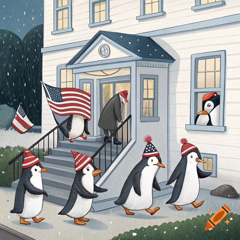 Illustration of penguins in patriotic hats walking towards a house with a man holding a US flag.