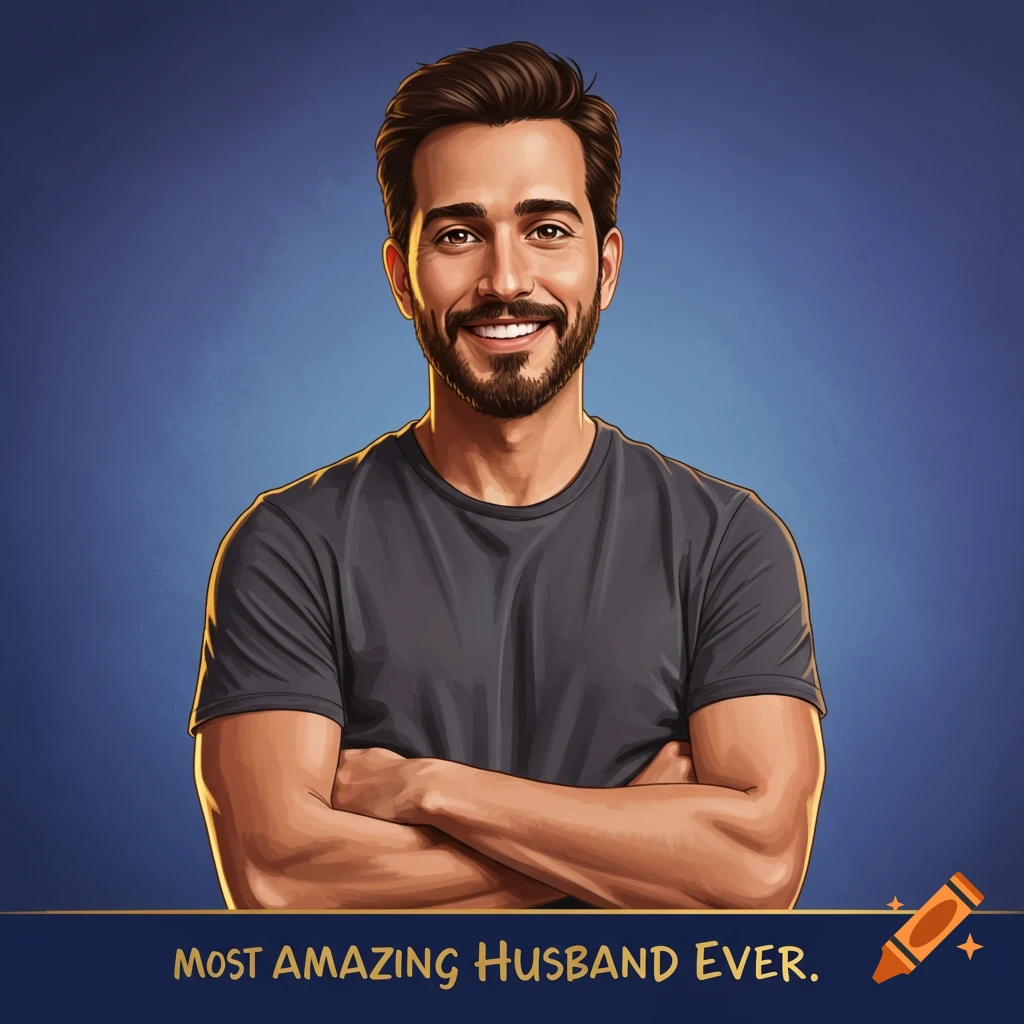 Image of a smiling man with a beard, arms crossed, with text 'MOST AMAZING HUSBAND EVER.'