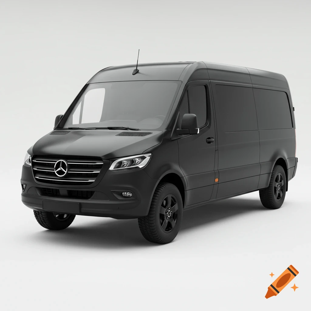 A black Mercedes Sprinter van sits against a white background.