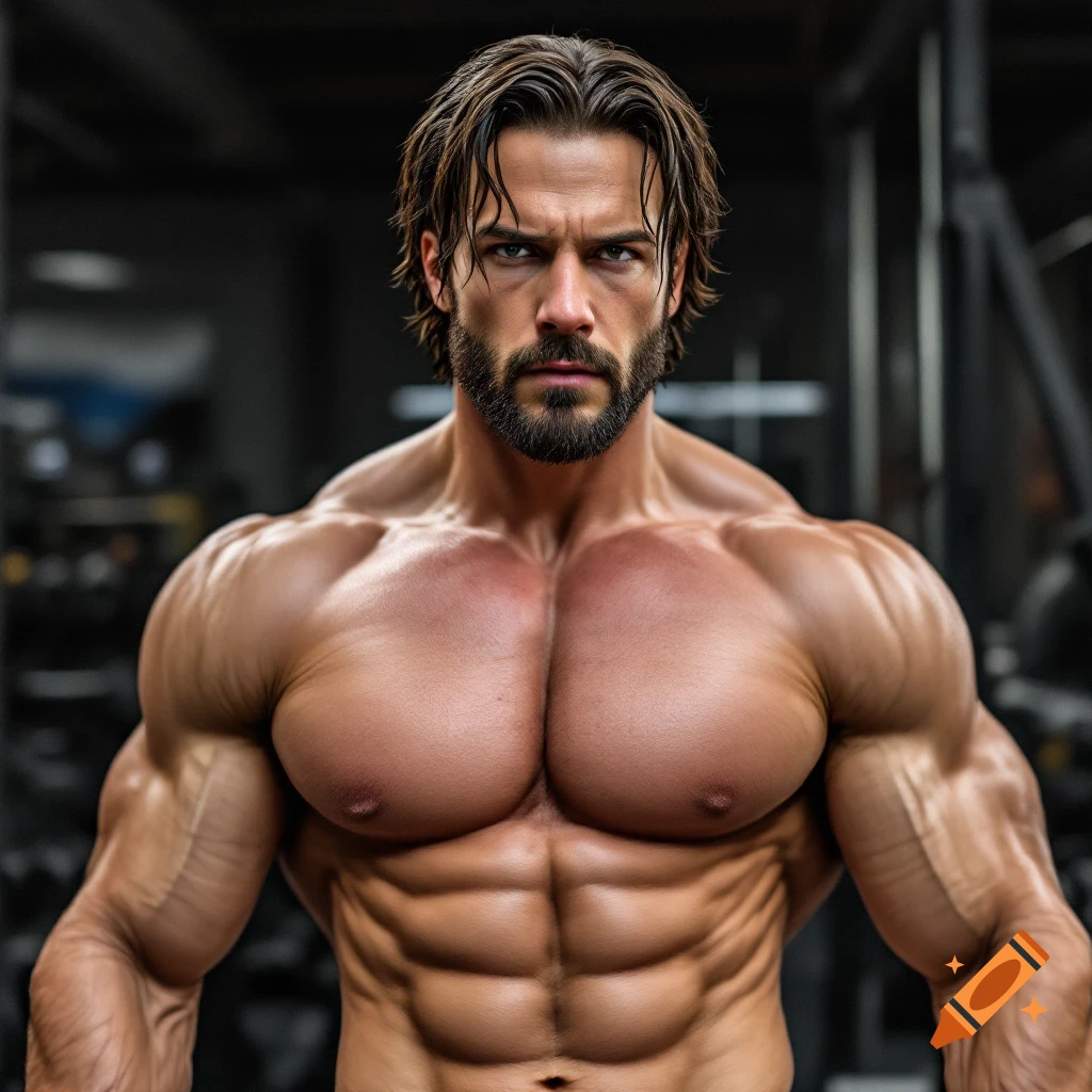 A muscular man with a beard poses in a gym.