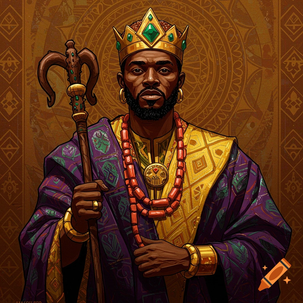 An African king is wearing a crown and royal robes while holding a staff.