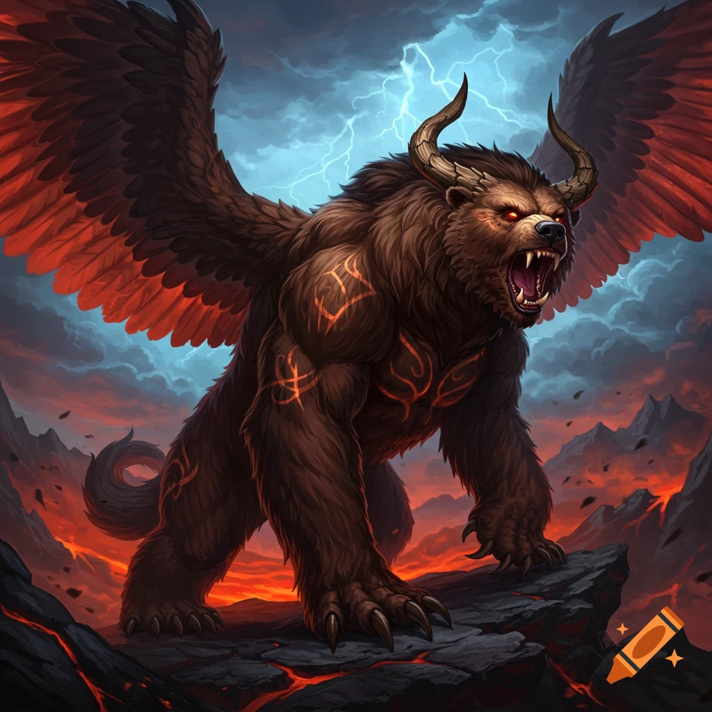 A powerful, winged bear-like creature with horns and fiery markings stands on a rock in a volcanic landscape under a stormy sky.