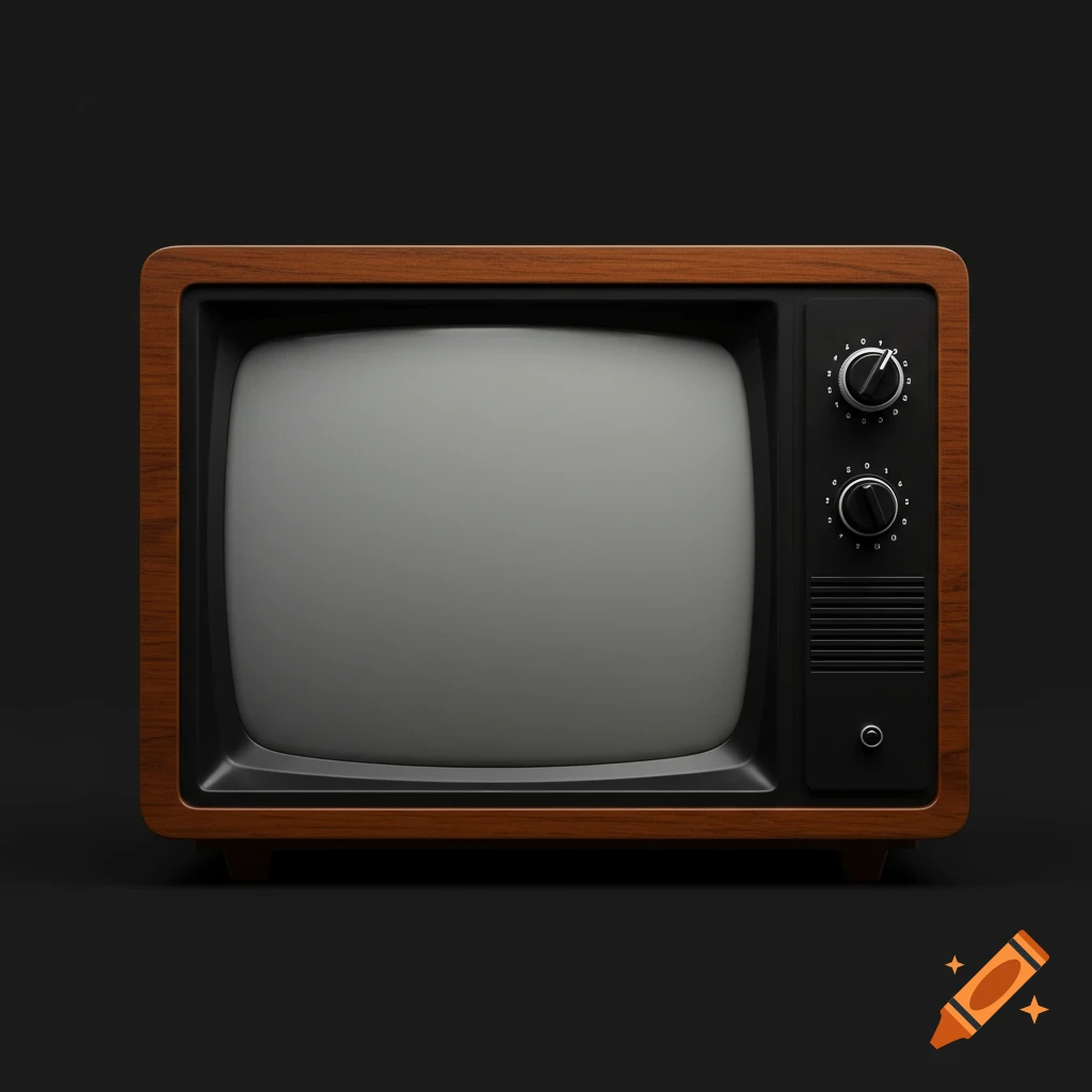 A vintage television with a wooden frame and black front panel on a dark background.