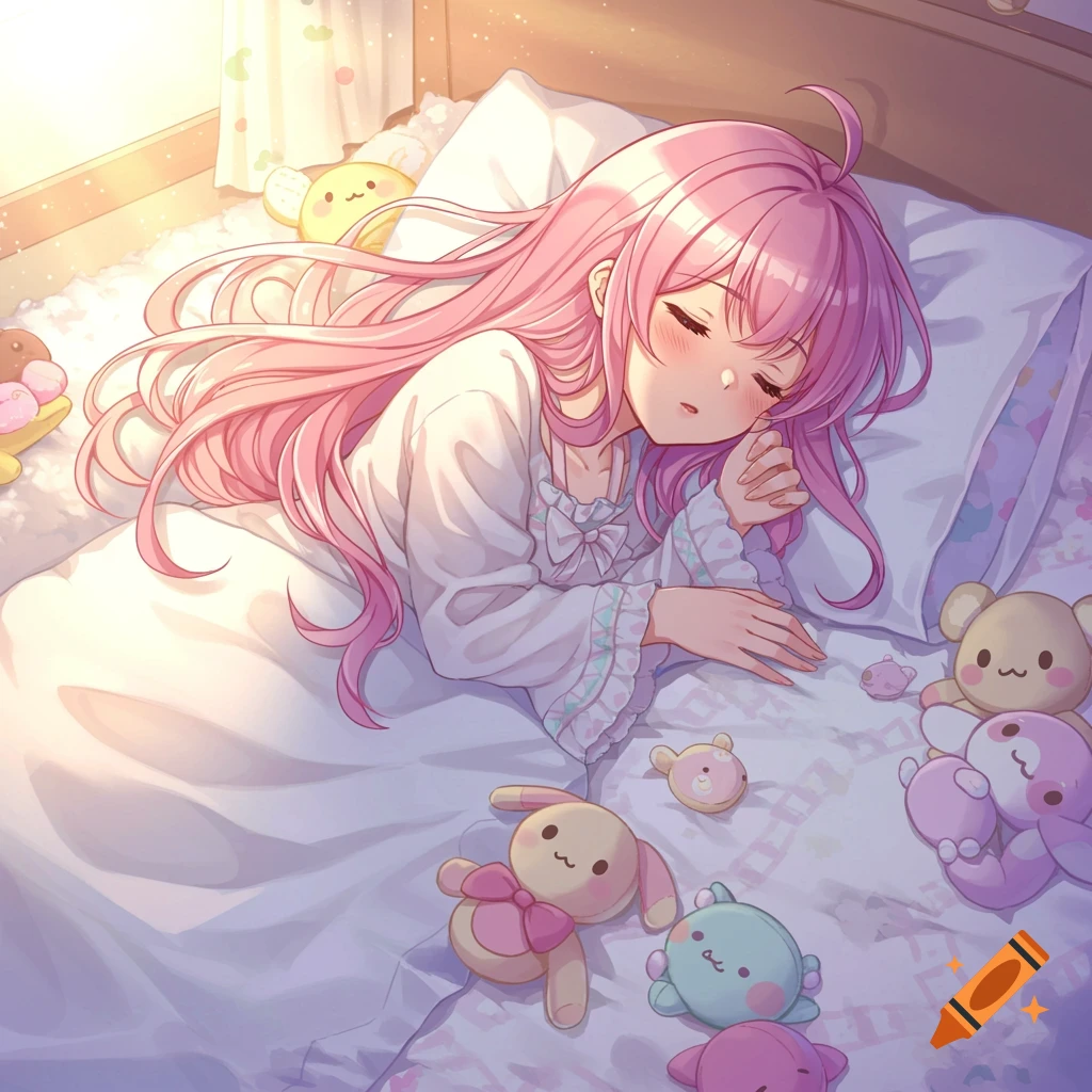Anime drawing of a pink-haired girl sleeping in a cozy bedroom with plush toys.