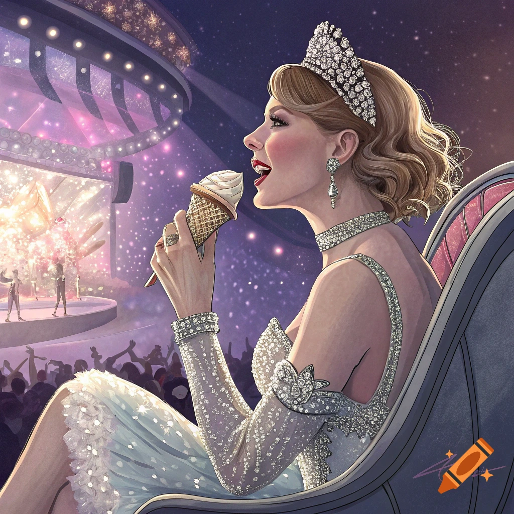 Illustration of a woman in a sparkling dress and tiara eating ice cream at a concert.
