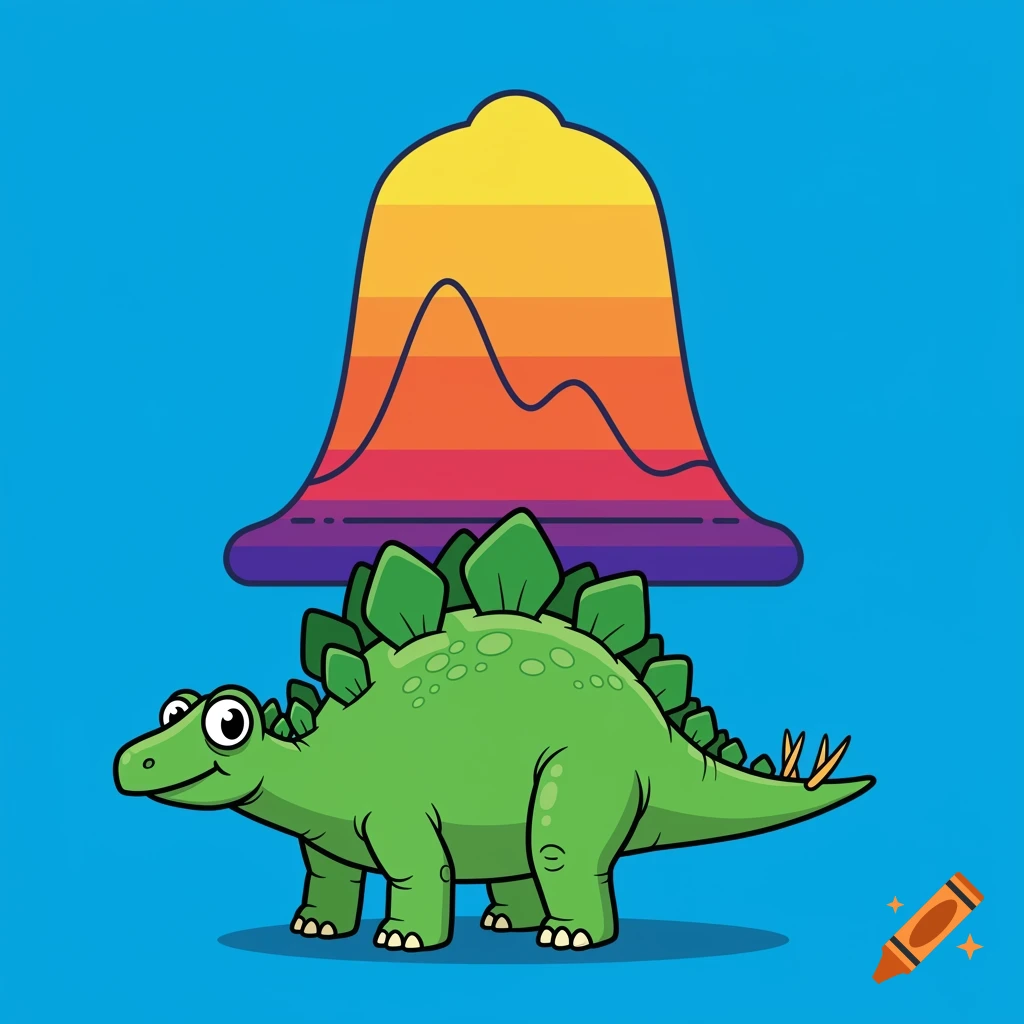 A cartoon stegosaurus stands under a colorful bell curve on a blue background.
