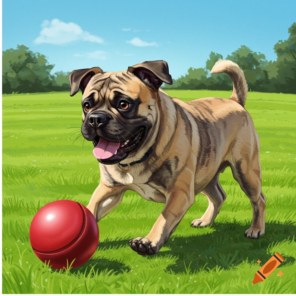A tan and brown dog chases a red ball on green grass in a park.