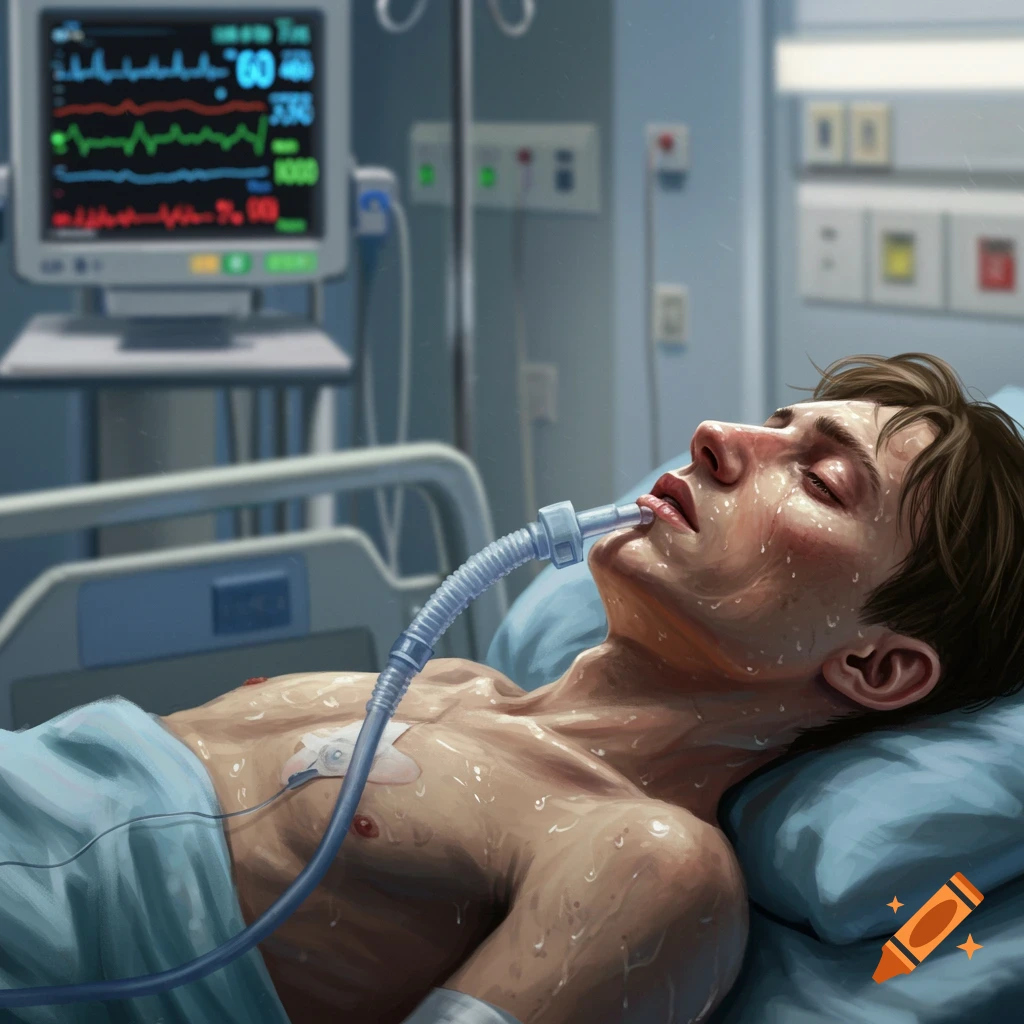 A young man in a hospital bed, intubated, with a medical monitor in the background.