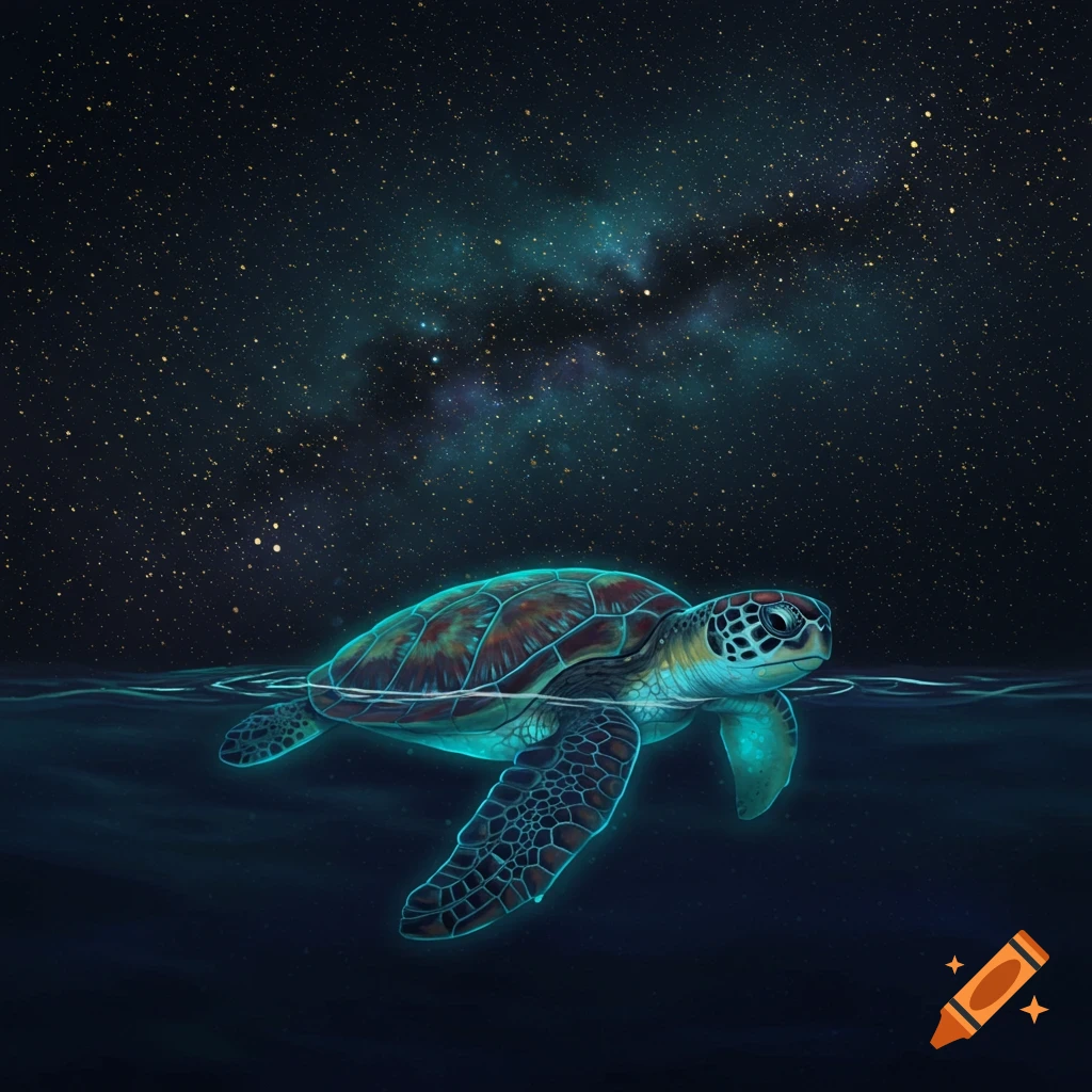 A turtle swims in the ocean under a dark starry night sky.