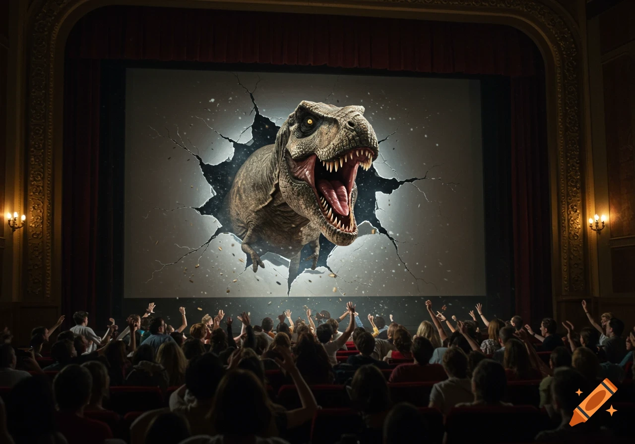 A Tyrannosaurus Rex bursts through a movie screen in a crowded theater, startling the audience.