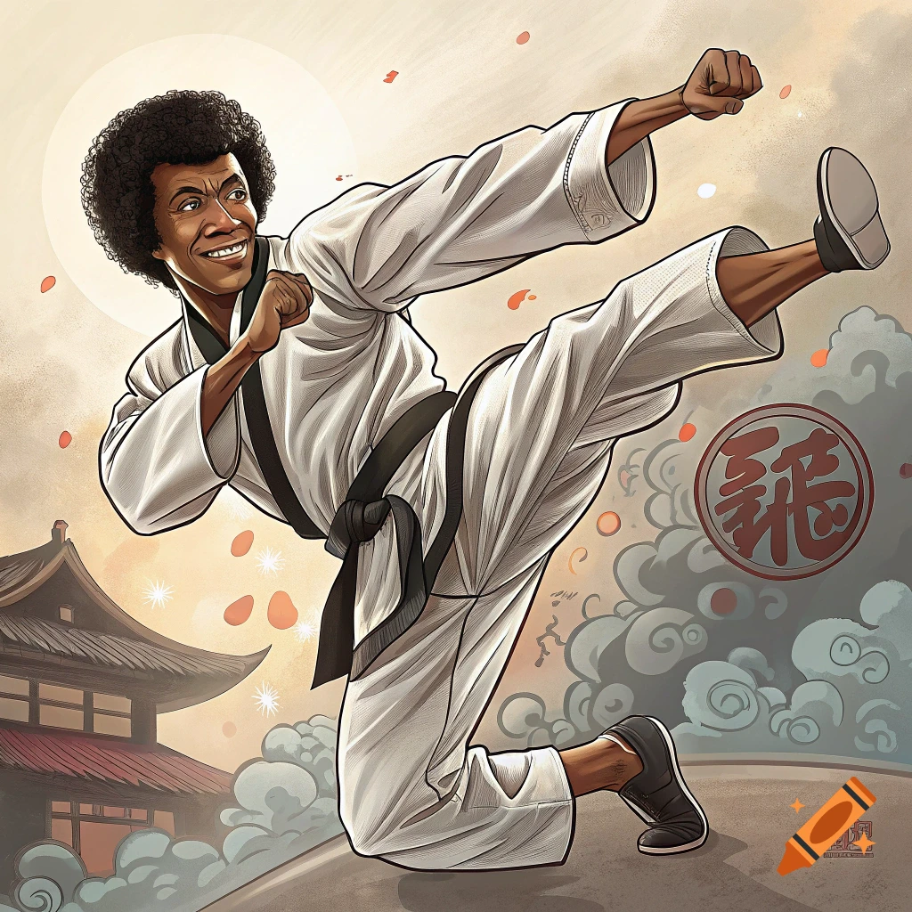 Cartoon man in karate uniform does a high kick in front of a pagoda and clouds.