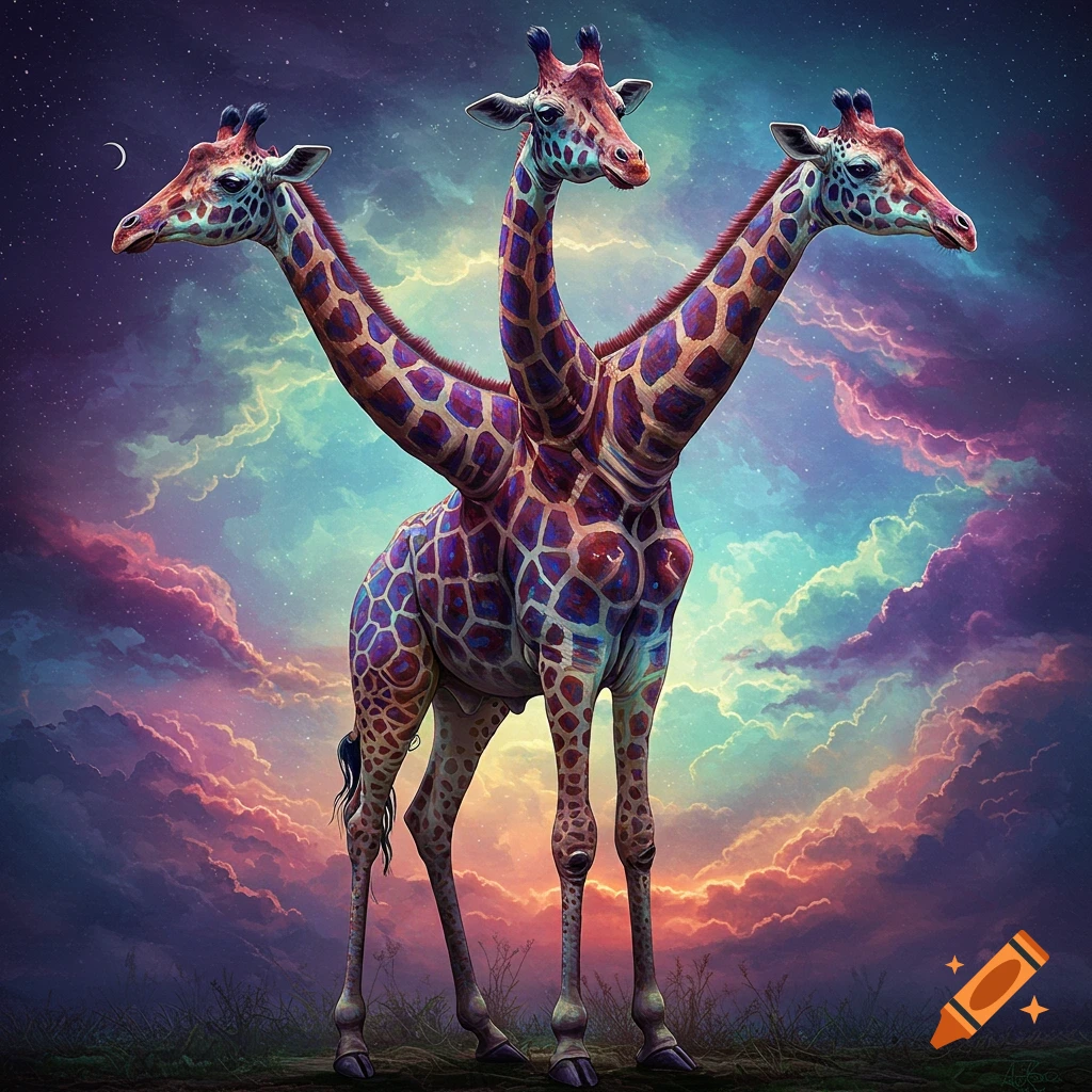 A three-headed giraffe stands against a dramatic, colorful sky.