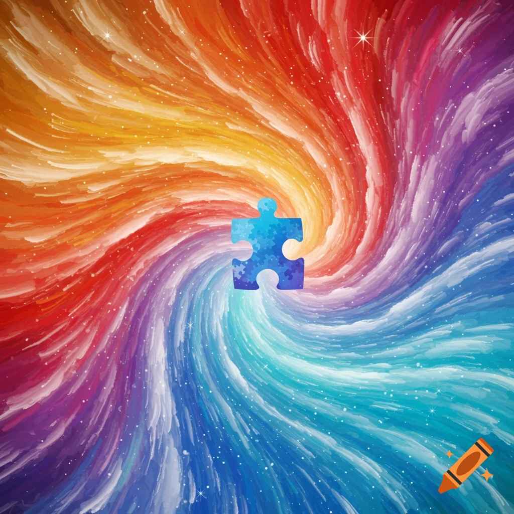 A blue puzzle piece in a swirling rainbow nebula.