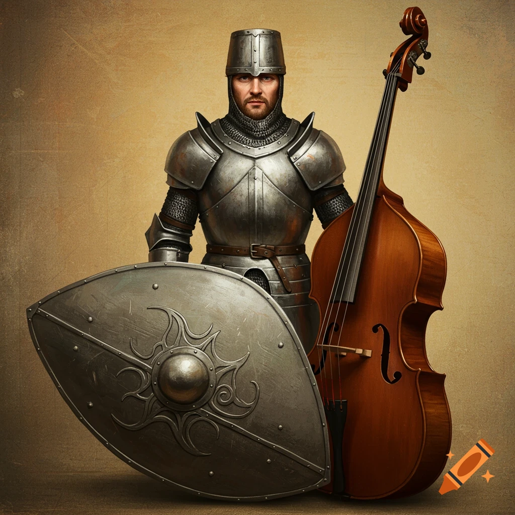 A medieval knight in armor holds a shield next to a string bass.