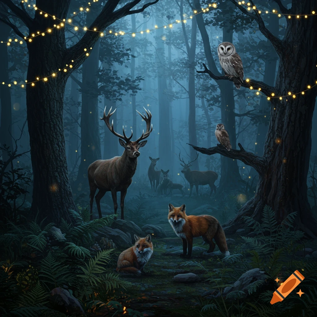 Deer, foxes, and owls in a misty forest with string lights