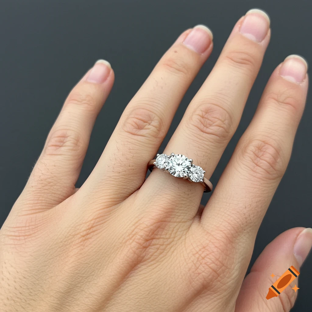 A hand wearing a three-stone diamond ring.