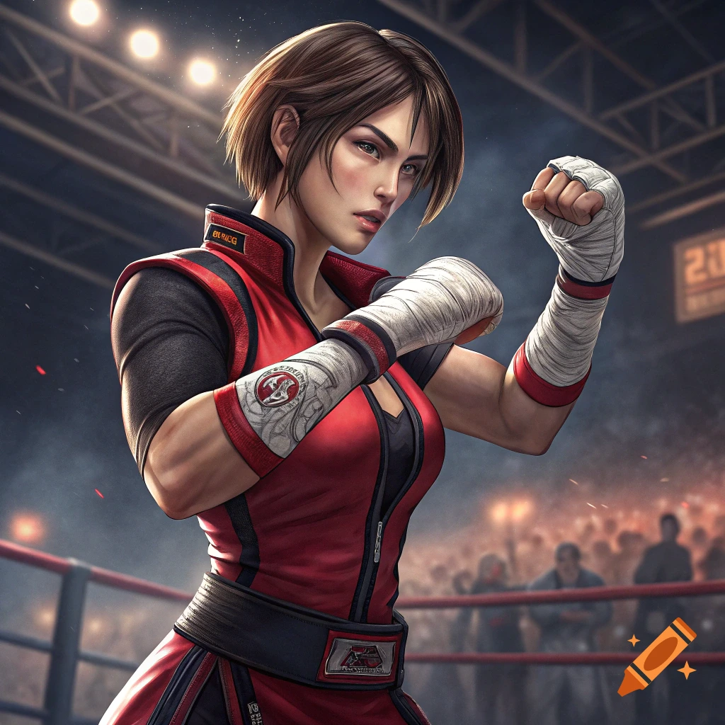 Female fighter in red and black outfit poses in a boxing ring.