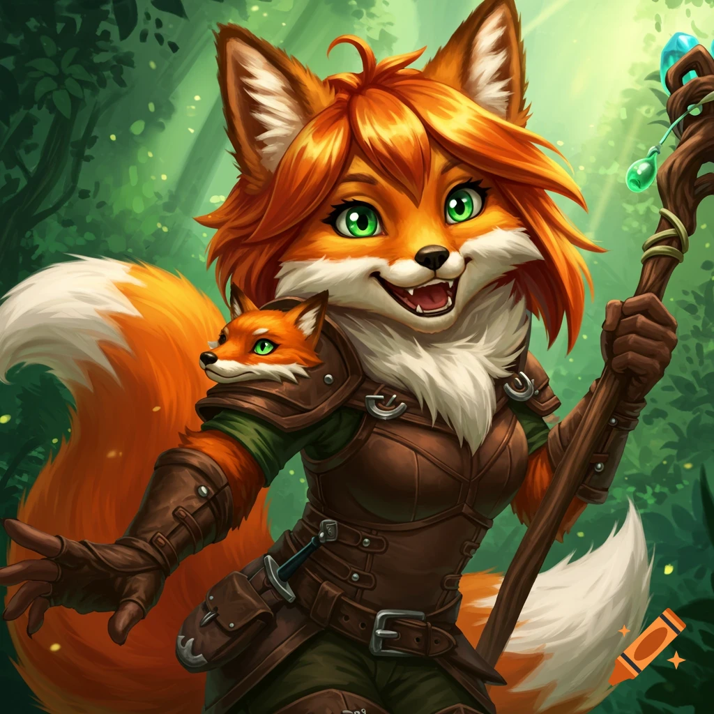 An anthropomorphic fox adventurer with green eyes holding a staff, standing in a forest.
