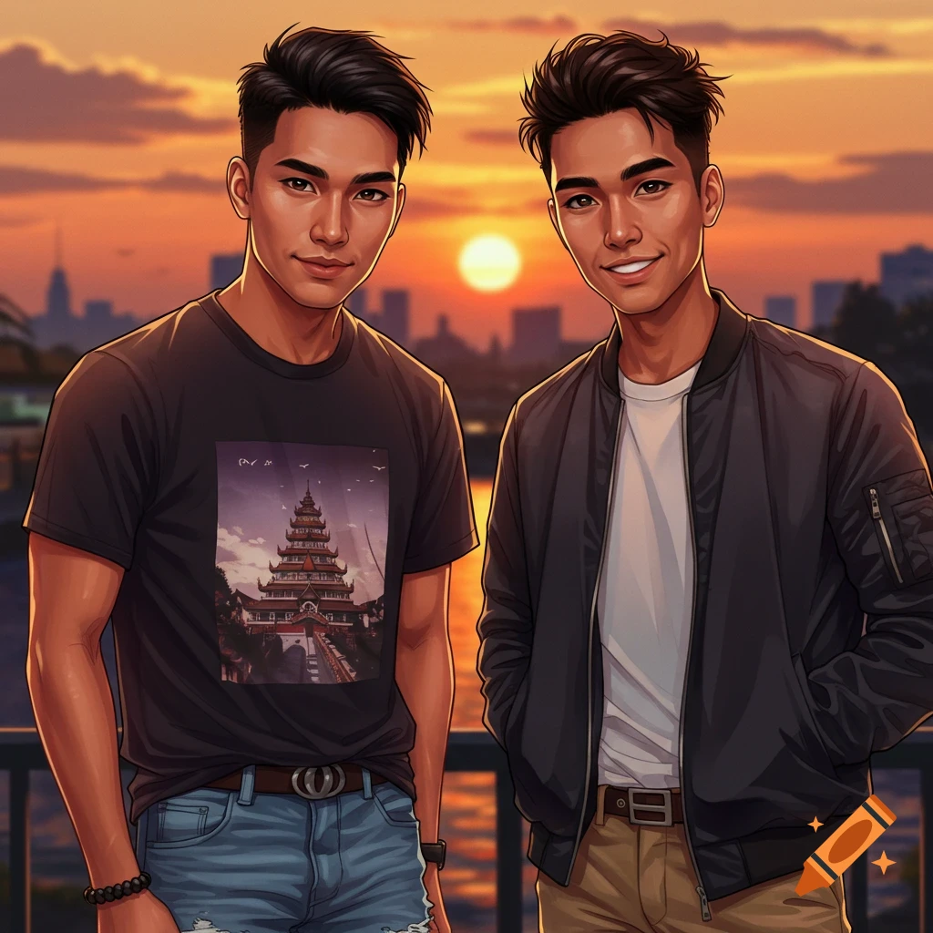 Two handsome young men standing by a waterfront at sunset with a city skyline.