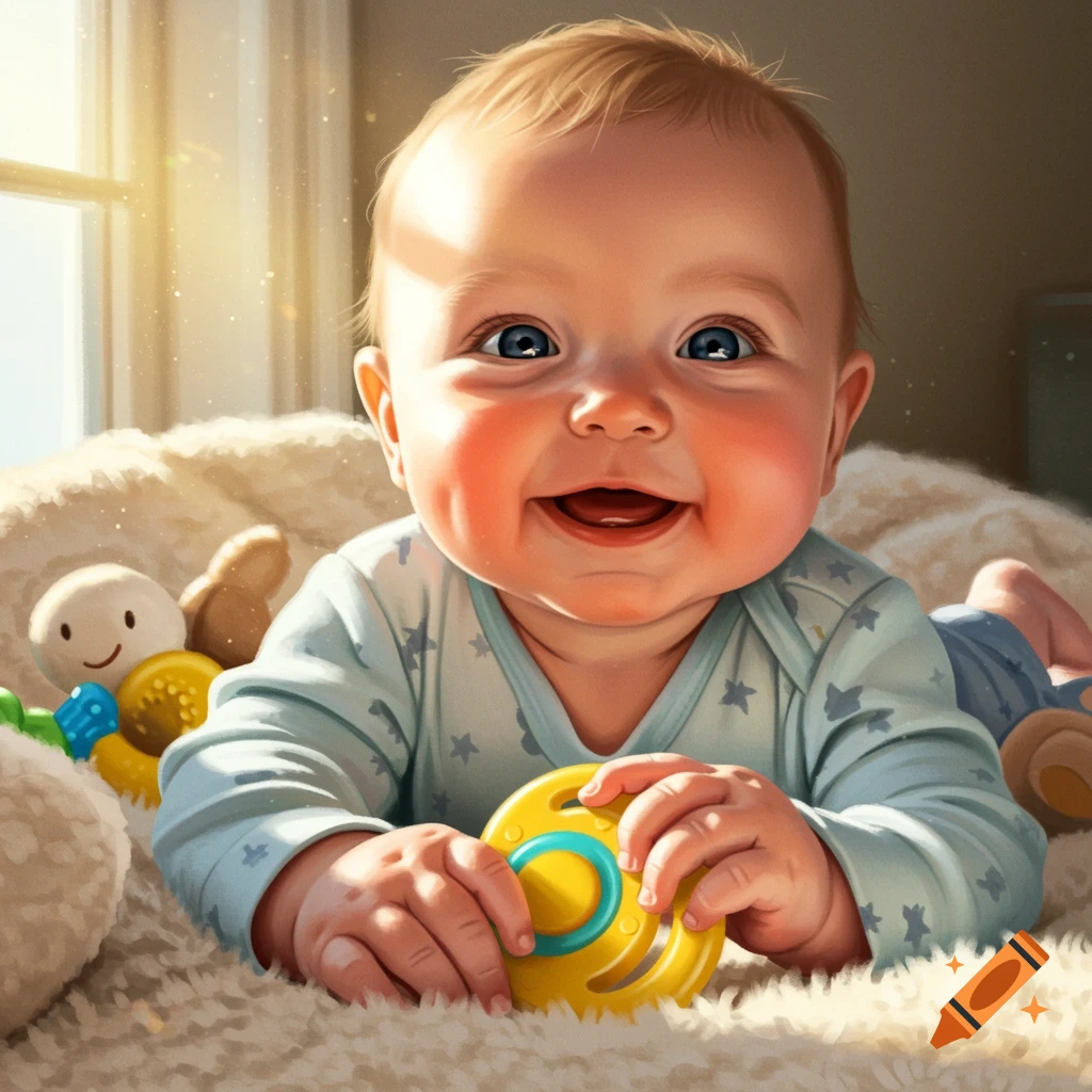 Image of a smiling baby boy holding a yellow toy in sunlight.