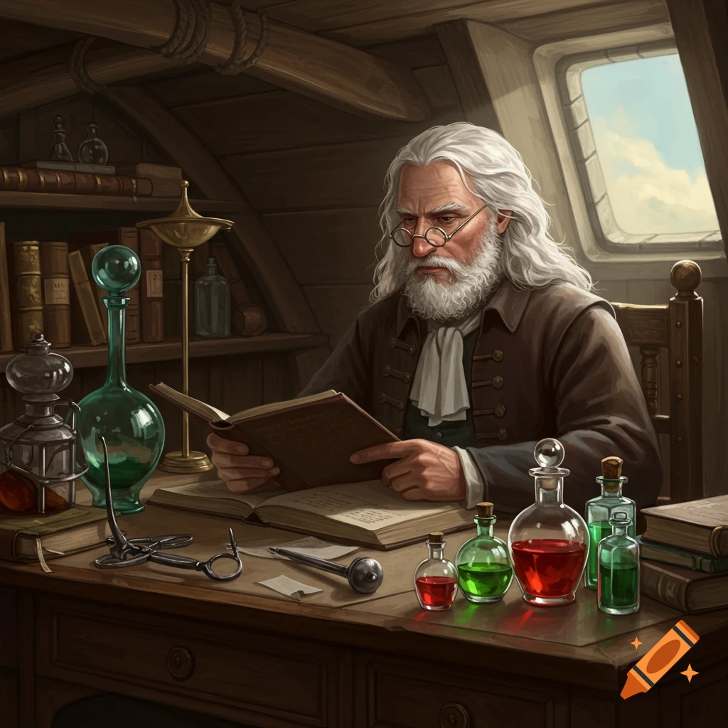 An old man reads a book at a desk, surrounded by bottles and tools, inside a ship cabin.