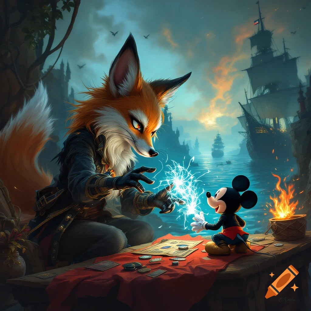 Anthropomorphic fox and Mickey Mouse playing cards with magic, pirate ships and city in background.