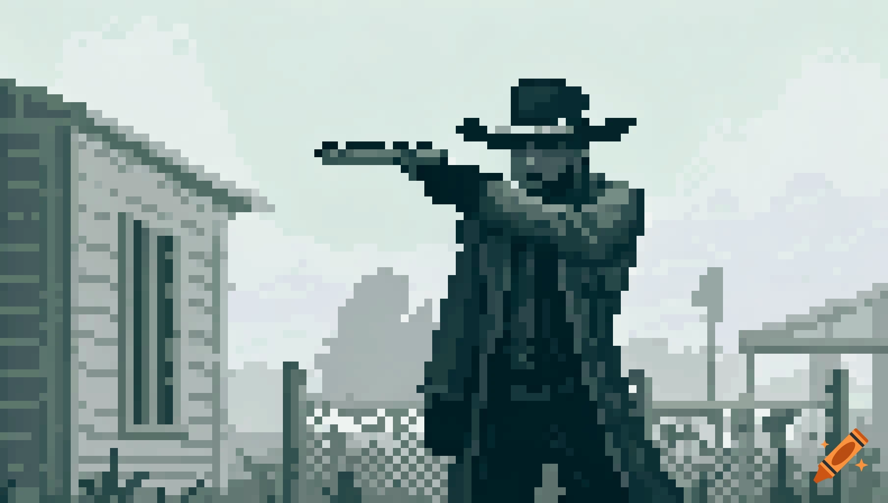Pixel art of a character in a cowboy hat and trench coat pointing a gun in a Western town.