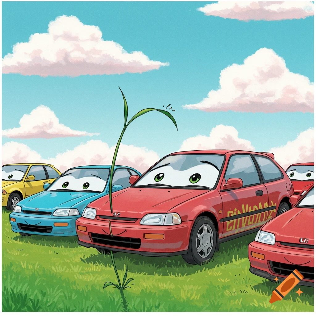 Cartoon cars with faces stand in a grassy field under a cloudy sky, with a large blade of grass in the foreground.