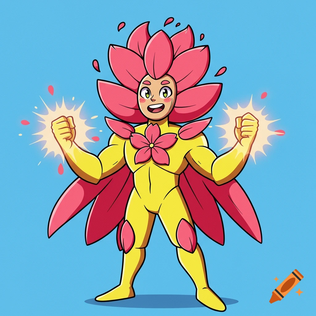 A cartoon drawing of a muscular character in a yellow superhero costume with pink flower petals on their head and shoulders, flexing.