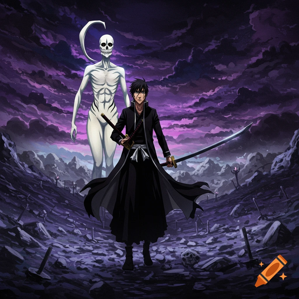 A dark-haired person with a sword stands before a tall skeletal figure in a desolate, dark landscape.
