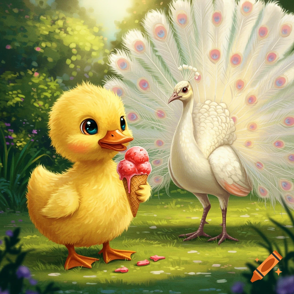 Cute duckling holds ice cream cone beside a white peacock in a whimsical garden illustration.