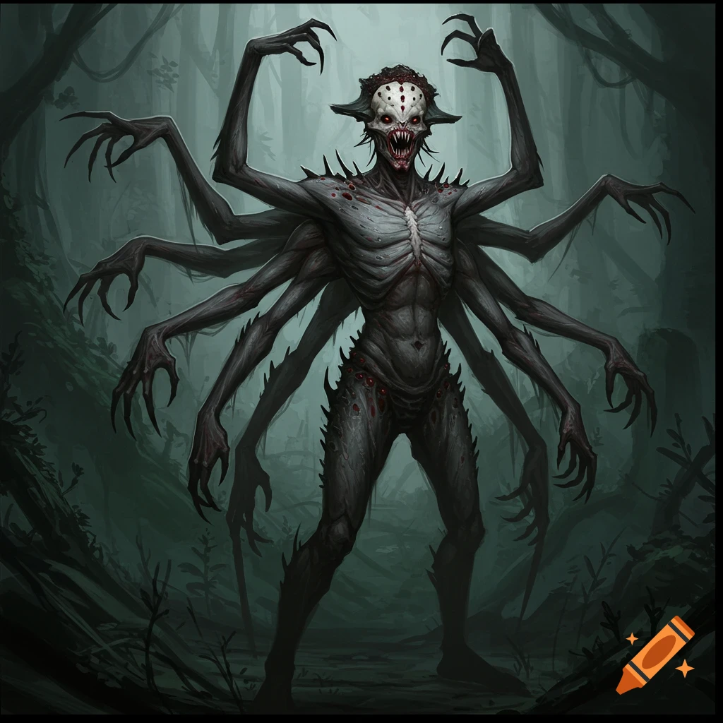 A monstrous humanoid spider creature with many arms lurks in a dark forest.